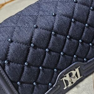 Badgley Mischka Blue Denim Quilted Crossbody Bag with Chain and Beads Strap